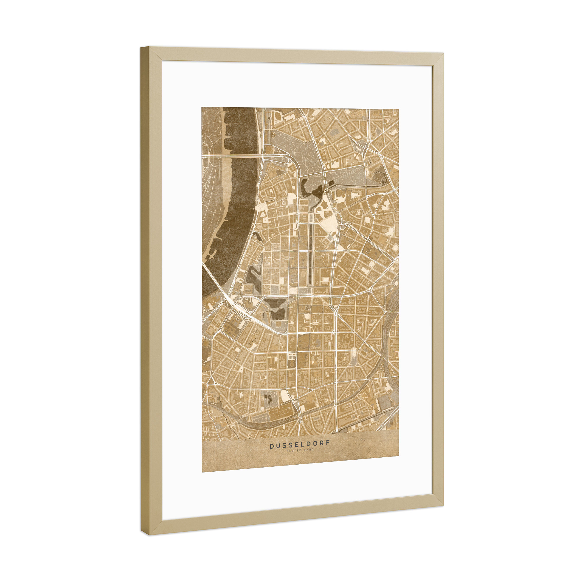 Poster mit Rahmen Gold "Sepiakarte von Düsseldorf" artboxONE - Städte,Kartografie - Sepia,Karte,Düsseldorf,Deutschland,Alt,Antik