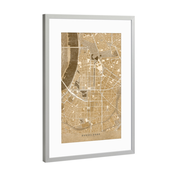 Poster mit Rahmen Silber "Sepiakarte von Düsseldorf" artboxONE - Städte,Kartografie - Sepia,Karte,Düsseldorf,Deutschland,Alt,Antik