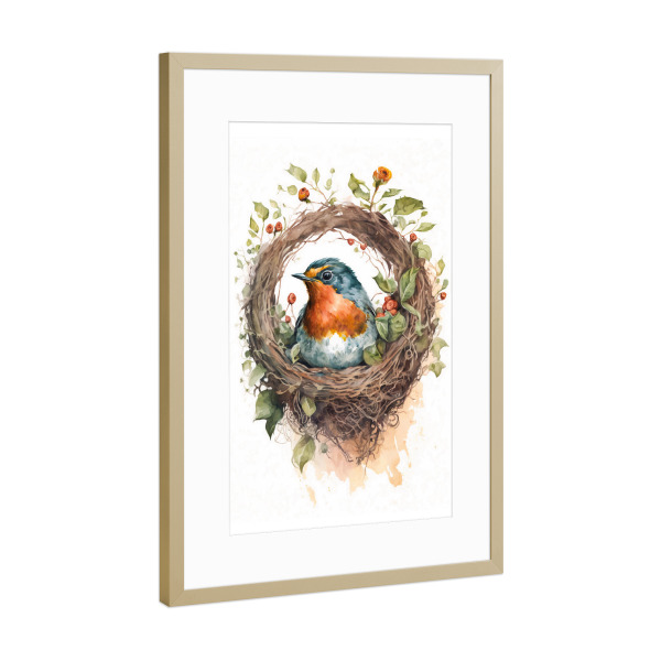 Poster mit Rahmen Gold "Rotkehlchen mit Blumen" artboxONE - Floral,Tiere