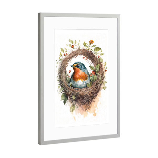 Poster mit Rahmen Silber "Rotkehlchen mit Blumen" artboxONE - Floral,Tiere