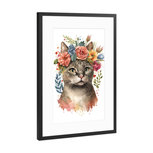 Poster mit Rahmen Schwarz (Metallic) "Süße Katze mit schönen Blumen" artboxONE - Floral,Tiere