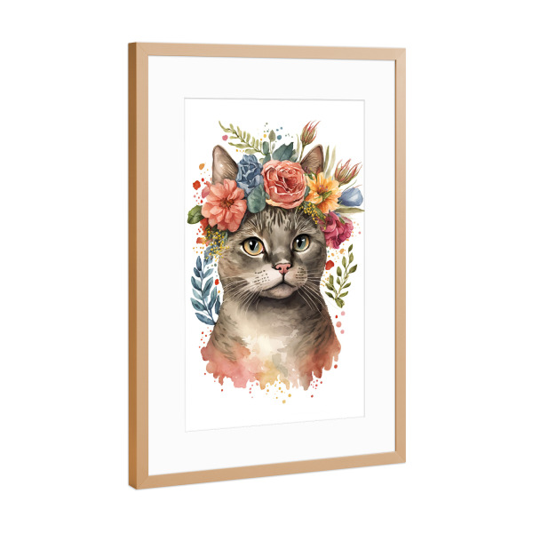 Poster mit Rahmen Kupfer "Süße Katze mit schönen Blumen" artboxONE - Floral,Tiere