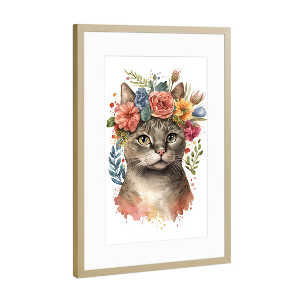 Poster mit Rahmen Gold "Süße Katze mit schönen Blumen" artboxONE - Floral,Tiere
