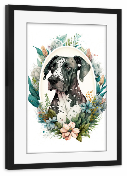 Poster mit Rahmen schwarz "Deutsche Dogge mit Blumen" artboxONE - Floral,Tiere