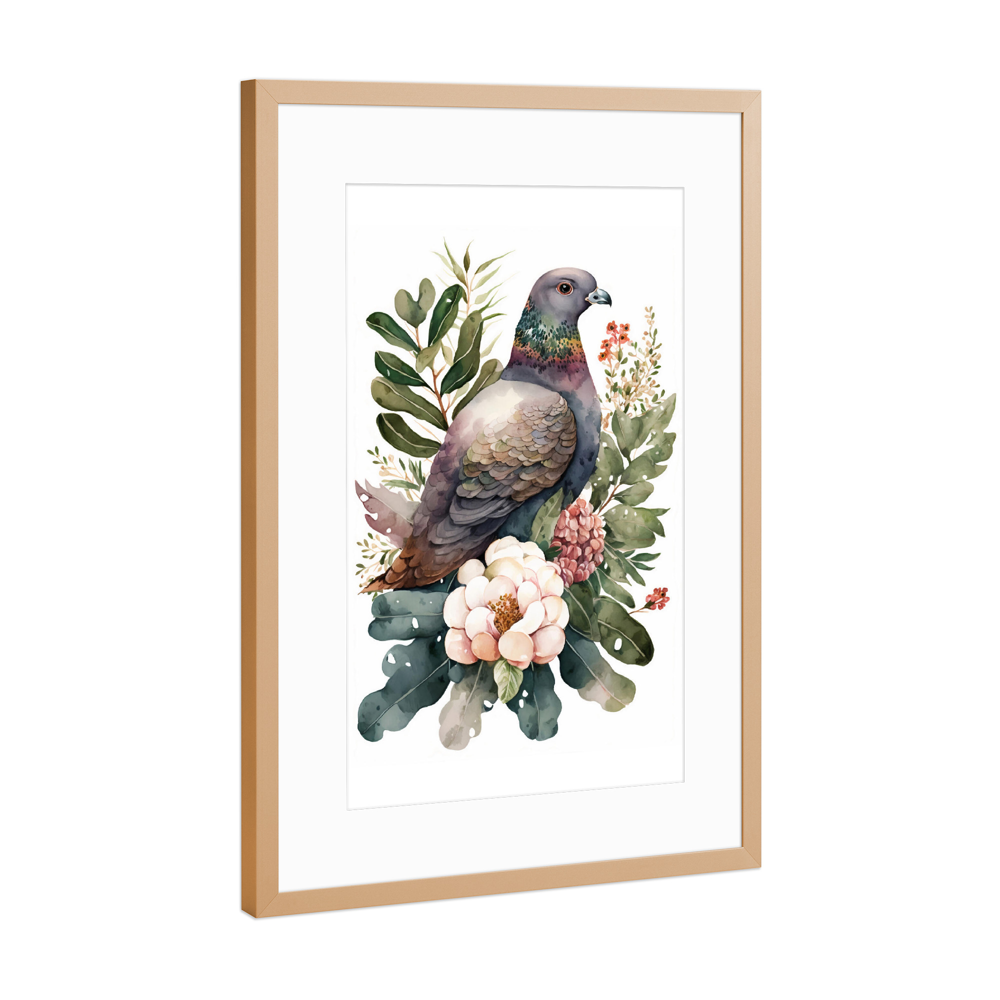 Poster mit Rahmen Kupfer "Taube mit Blumen" artboxONE - Floral,Tiere