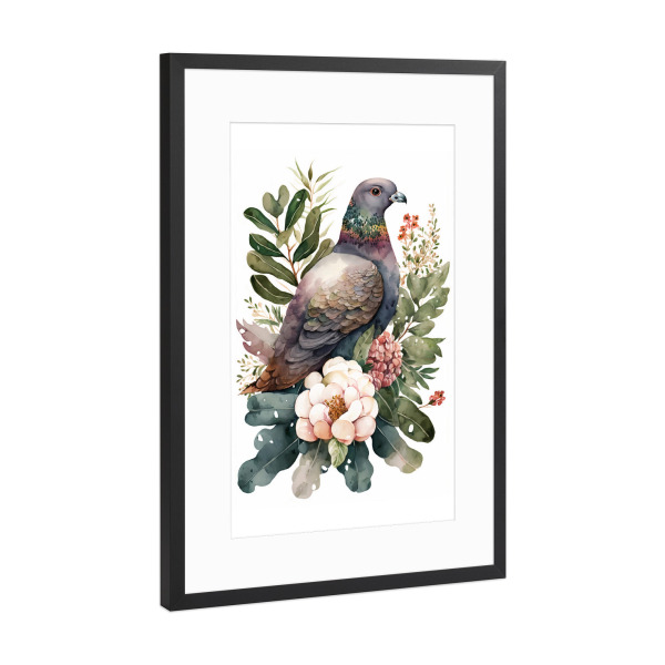 Poster mit Rahmen Schwarz (Metallic) "Taube mit Blumen" artboxONE - Floral,Tiere