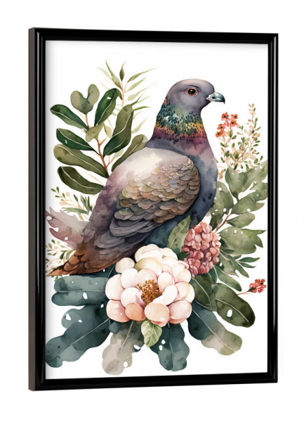 Poster mit schwarzem Rahmen "Taube mit Blumen" artboxONE - Floral,Tiere