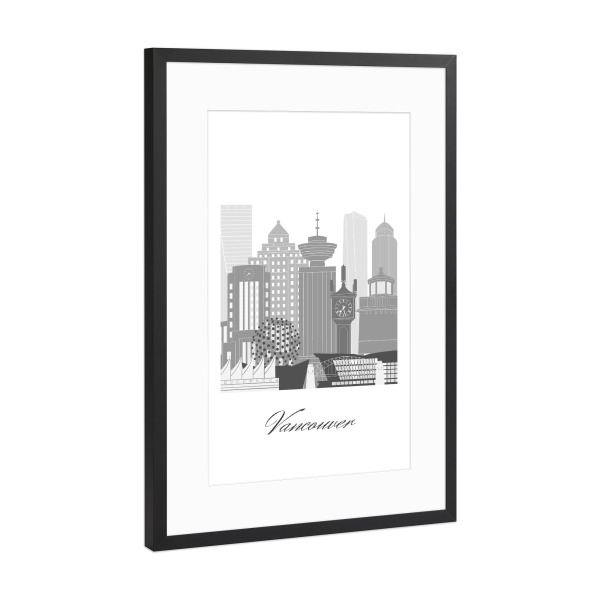 Poster mit Rahmen Schwarz (Metallic) "Skyline-Vancouver schwarz weiß" artboxONE - Städte,Reise,Architektur,Kartografie