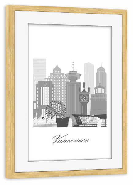 Poster mit Rahmen kiefer "Skyline-Vancouver schwarz weiß" artboxONE - Städte,Reise,Architektur,Kartografie
