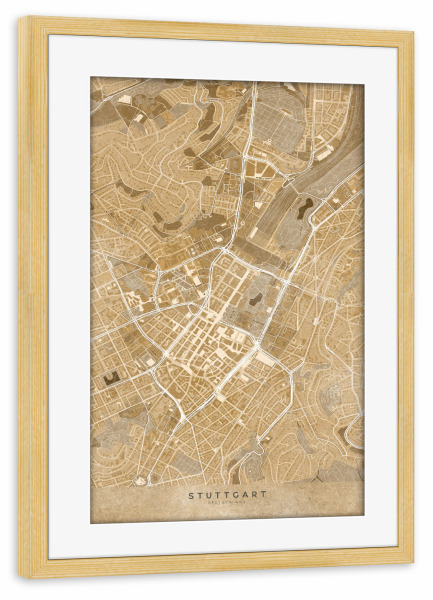 Poster mit Rahmen kiefer "Sepia-Vintage-Karte Stuttgart" artboxONE - Städte,Kartografie - Karte,Stuttgart,Deutschland,Jahrgang,Sepia,Braun,Alt