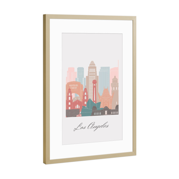 Poster mit Rahmen Gold "Skyline-Pastell von Los Angeles" artboxONE - Städte,Reise,Architektur,Städte / Los Angeles,Kartografie