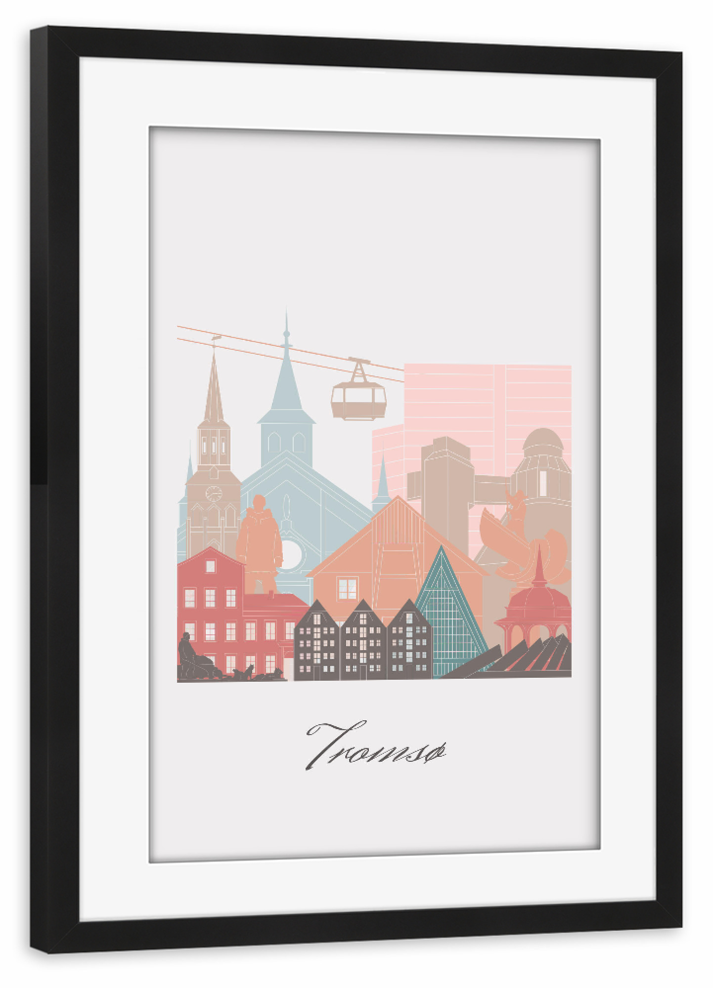Poster mit Rahmen schwarz "Tromsø Skyline im Pastellstil" artboxONE - Städte,Reise,Architektur,Kartografie