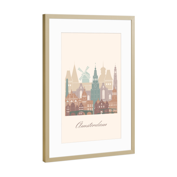 Poster mit Rahmen Gold "Skyline von Amsterdam-Salbeigrün" artboxONE - Städte,Reise,Architektur,Städte / Amsterdam,Kartografie