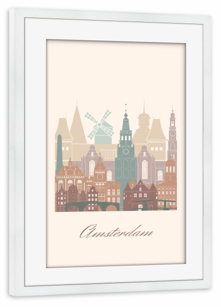 Poster mit Rahmen weiß "Skyline von Amsterdam-Salbeigrün" artboxONE - Städte,Reise,Architektur,Städte / Amsterdam,Kartografie