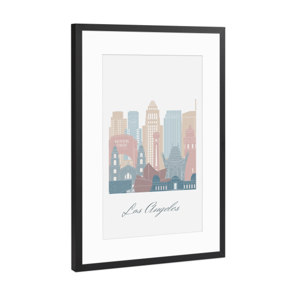 Poster mit Rahmen Schwarz (Metallic) "Skyline von Los Angeles" artboxONE - Städte,Reise,Architektur,Städte / Los Angeles,Kartografie