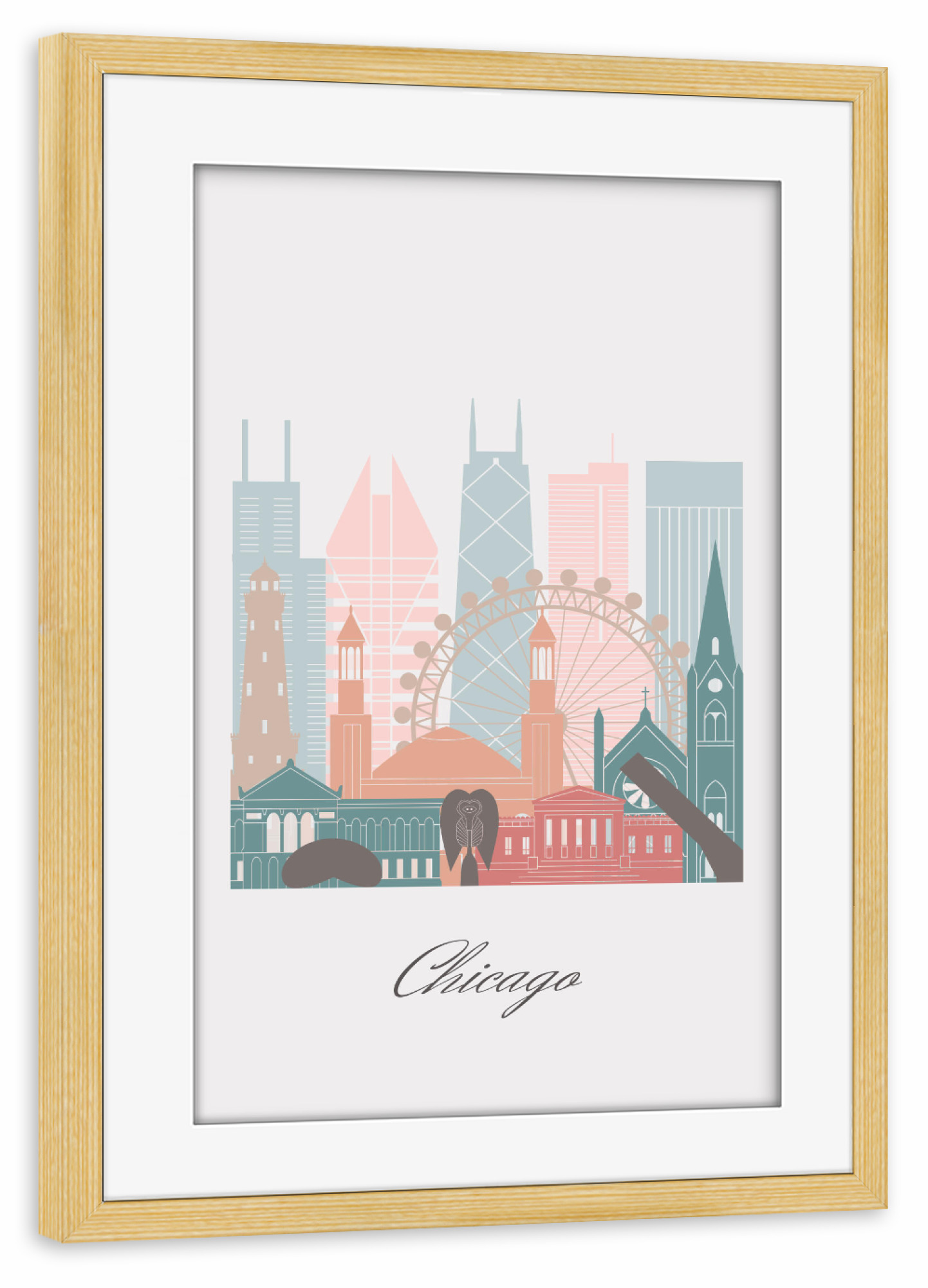 Poster mit Rahmen kiefer "Pastellfarbene Skyline von Chicago" artboxONE - Städte,Reise,Architektur,Städte / Chicago,Kartografie