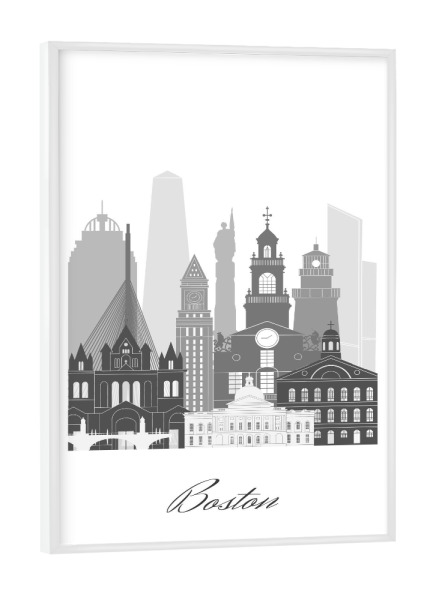 Poster mit weißem Rahmen "Boston Skyline schwarz-weiß" artboxONE - Städte,Reise,Architektur,Städte / Boston,Kartografie