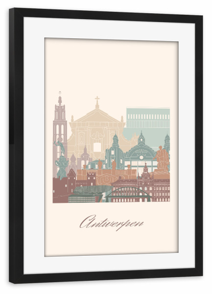 Poster mit Rahmen schwarz "Antwerpener Skyline-Salbeigrün" artboxONE - Städte,Reise,Architektur,Kartografie