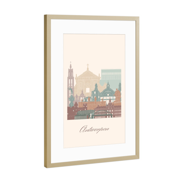 Poster mit Rahmen Gold "Antwerpener Skyline-Salbeigrün" artboxONE - Städte,Reise,Architektur,Kartografie