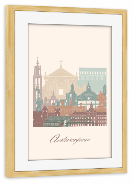 Poster mit Rahmen kiefer "Antwerpener Skyline-Salbeigrün" artboxONE - Städte,Reise,Architektur,Kartografie