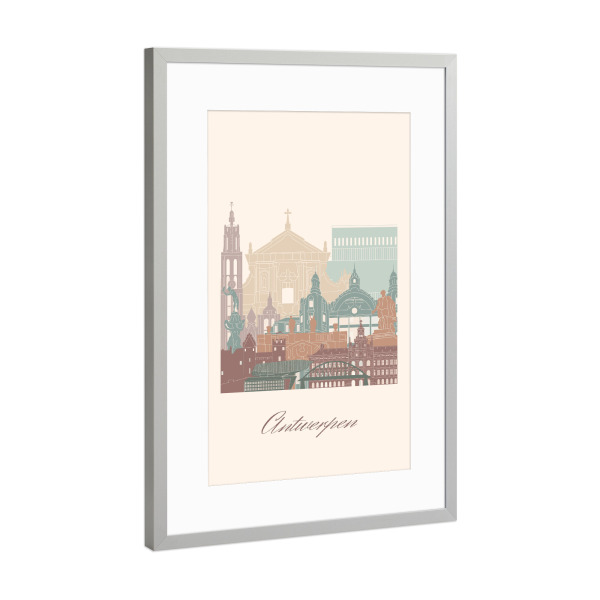 Poster mit Rahmen Silber "Antwerpener Skyline-Salbeigrün" artboxONE - Städte,Reise,Architektur,Kartografie