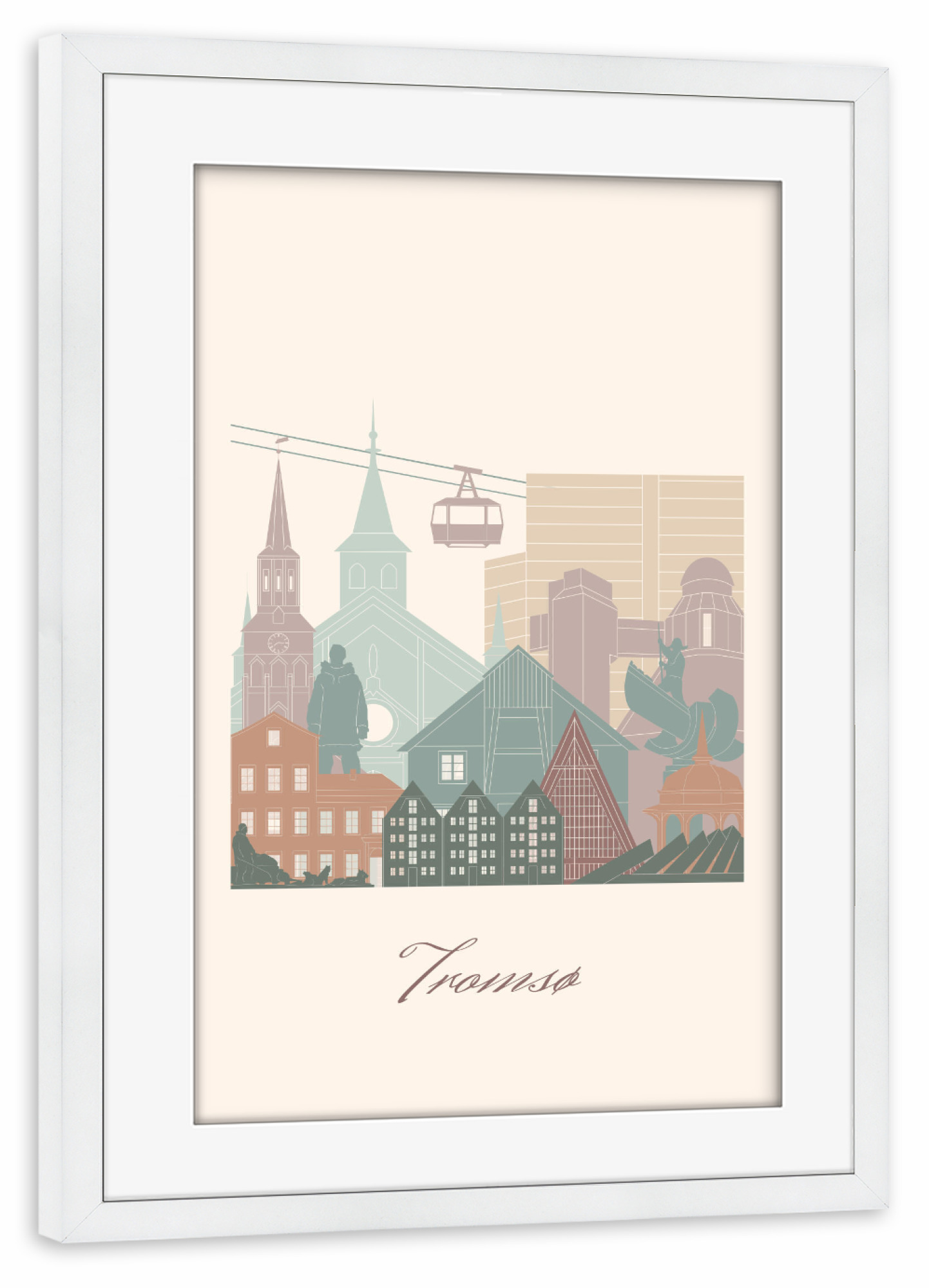 Poster mit Rahmen weiß "Tromsø Skyline in Salbeigrün" artboxONE - Städte,Reise,Architektur,Kartografie