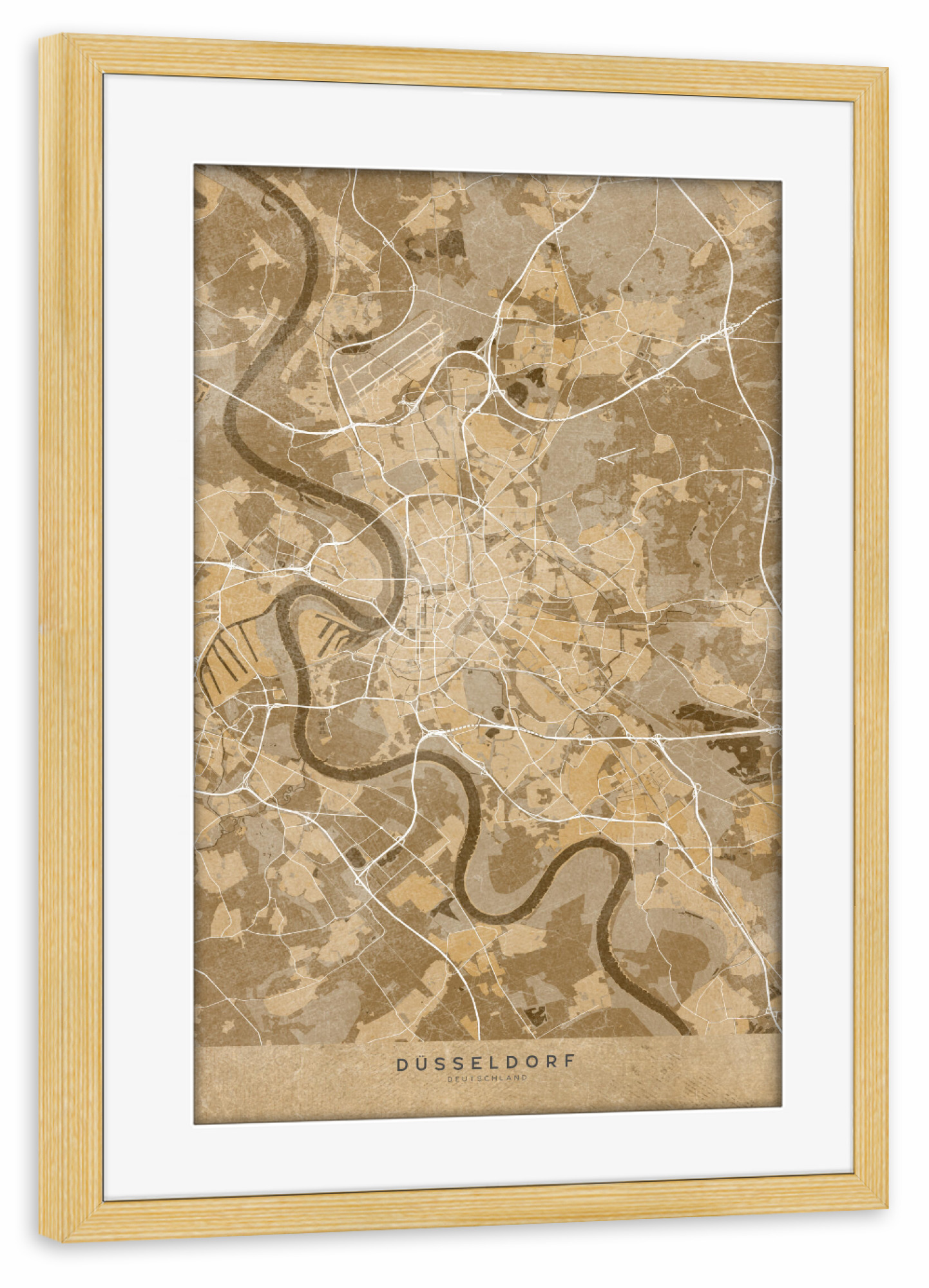 Poster mit Rahmen kiefer "Sepia-Karte von Düsseldorf" artboxONE - Städte / Düsseldorf,Kartografie - Düsseldorf,Deutschland,Karte,Sepia,Braun,Jahrgang