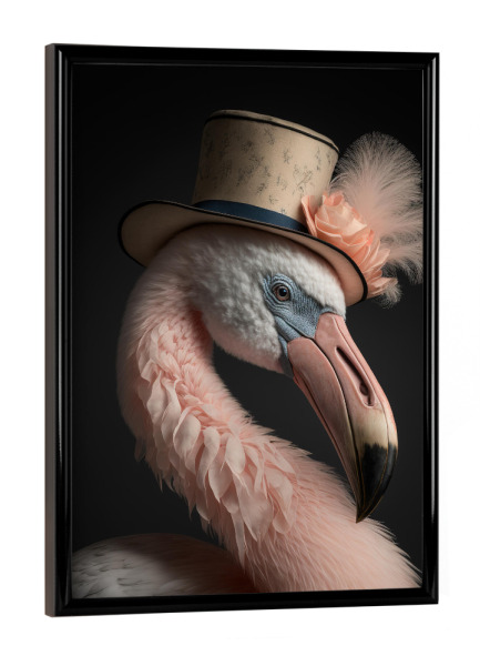 Poster mit schwarzem Rahmen "Flamingo mit Hut" artboxONE - Tiere,Abstrakt - Flamingo,Hut,Humor,Tier,Vogel,Exotisch,Kostüm,Elegant