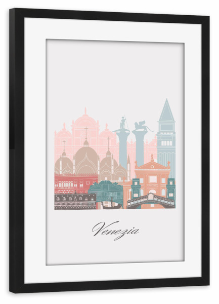 Poster mit Rahmen schwarz "Skyline von Venedig in Pastell" artboxONE - Städte,Reise,Architektur,Städte / Venedig,Kartografie