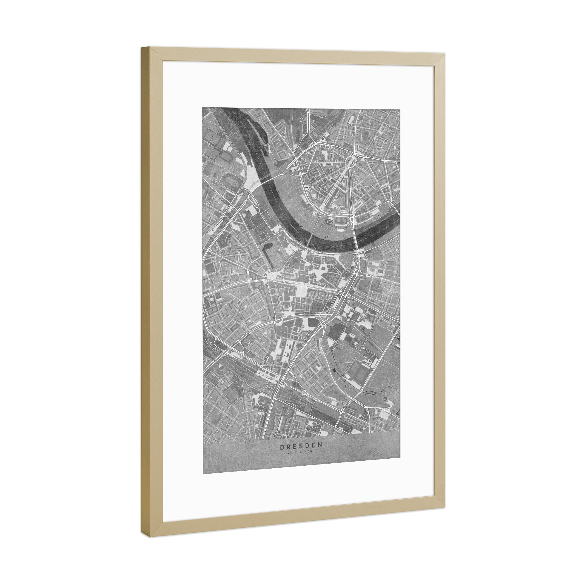 Poster mit Rahmen Gold "Graue Karte von Dresden Zentrum" artboxONE - Städte / Dresden,Kartografie - Dresden,Deutschland,Karte,Vintage,Schwarz und weiß
