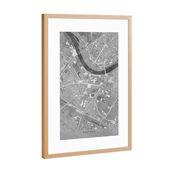 Poster mit Rahmen Kupfer "Graue Karte von Dresden Zentrum" artboxONE - Städte / Dresden,Kartografie