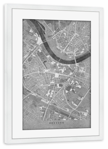 Poster mit Rahmen weiß "Graue Karte von Dresden Zentrum" artboxONE - Städte / Dresden,Kartografie - Dresden,Deutschland,Karte,Vintage,Schwarz und weiß