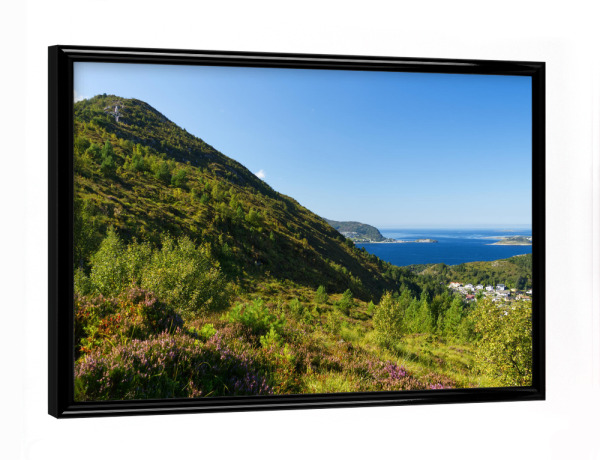Poster mit schwarzem Rahmen "Grüne Landschaft mit Fjord" artboxONE - Natur,Reise,Reise / Strand und Meer,Reise / Länder