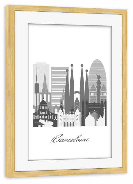 Poster mit Rahmen kiefer "Barcelona-Skyline schwarz weiß" artboxONE - Städte,Reise,Architektur,Städte / Barcelona,Kartografie