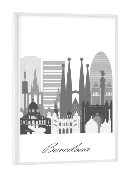 Poster mit weißem Rahmen "Barcelona-Skyline schwarz weiß" artboxONE - Städte,Reise,Architektur,Städte / Barcelona,Kartografie