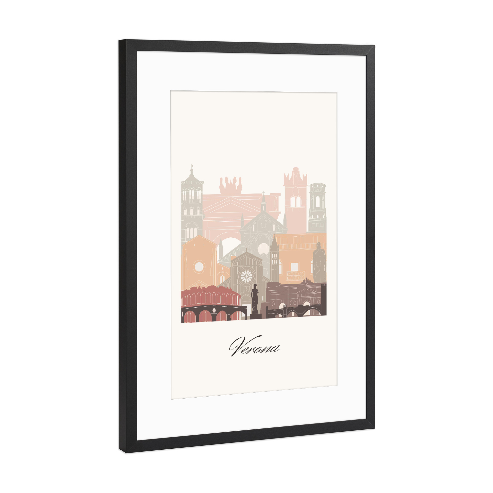 Poster mit Rahmen Schwarz (Metallic) "Verona Skyline Terrakotta-Stil" artboxONE - Städte,Reise,Architektur,Kartografie