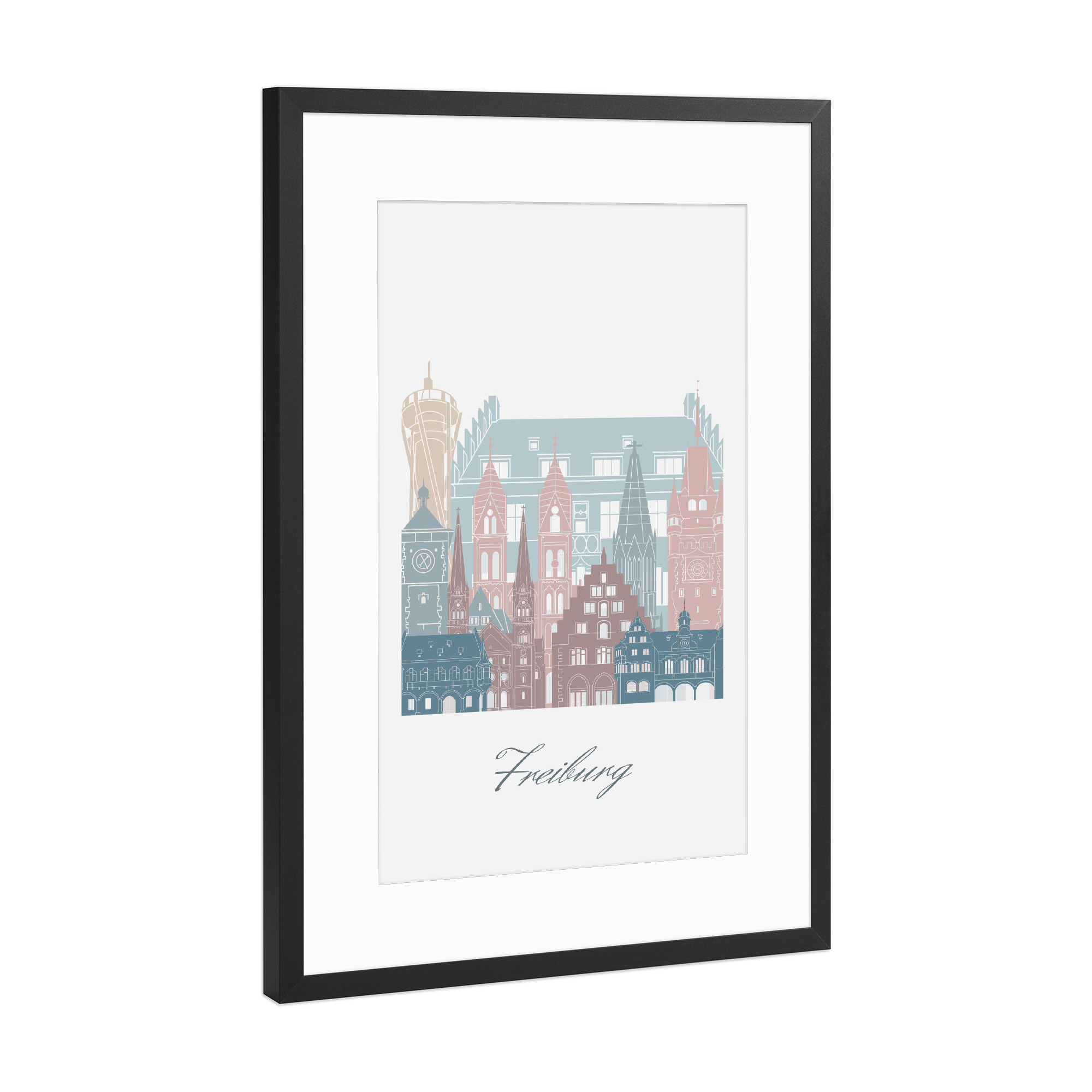 Poster mit Rahmen Schwarz (Metallic) "Freiburg skyline earth tones style" artboxONE - Städte,Reise,Architektur,Kartografie