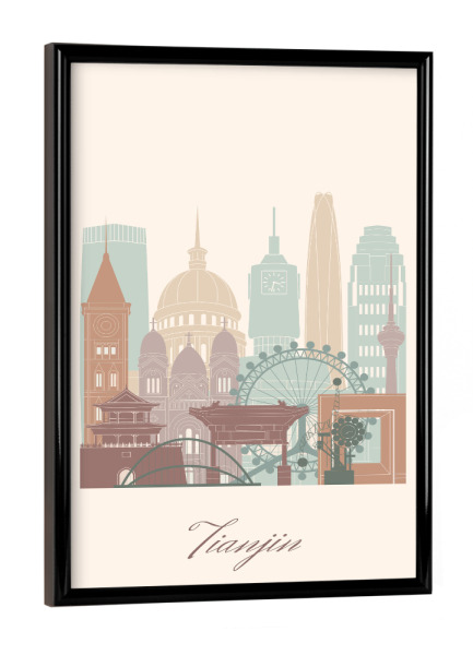 Poster mit schwarzem Rahmen "Skyline von Tianjin - Salbeigrün" artboxONE - Städte,Reise,Architektur,Kartografie