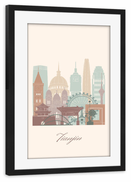 Poster mit Rahmen schwarz "Skyline von Tianjin - Salbeigrün" artboxONE - Städte,Reise,Architektur,Kartografie