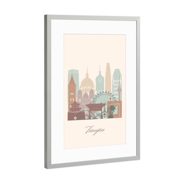 Poster mit Rahmen Silber "Skyline von Tianjin - Salbeigrün" artboxONE - Städte,Reise,Architektur,Kartografie