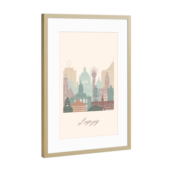 Poster mit Rahmen Gold "Leipziger Skyline in Salbeigrün" artboxONE - Städte,Reise,Architektur,Kartografie