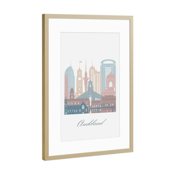 Poster mit Rahmen Gold "Auckland Skyline Erdtöne Stil" artboxONE - Städte,Reise,Architektur,Kartografie