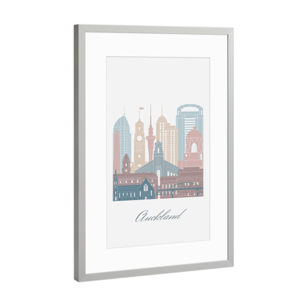 Poster mit Rahmen Silber "Auckland Skyline Erdtöne Stil" artboxONE - Städte,Reise,Architektur,Kartografie