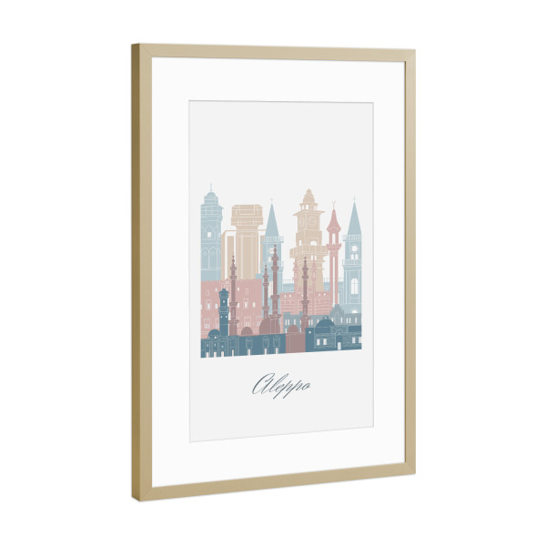 Poster mit Rahmen Gold "Skyline von Aleppo in Erdtönen" artboxONE - Städte,Reise,Architektur,Kartografie
