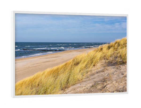 Poster mit weißem Rahmen "Düne, Gras, Meer, Strand" artboxONE - Natur,Reise,Reise / Strand und Meer