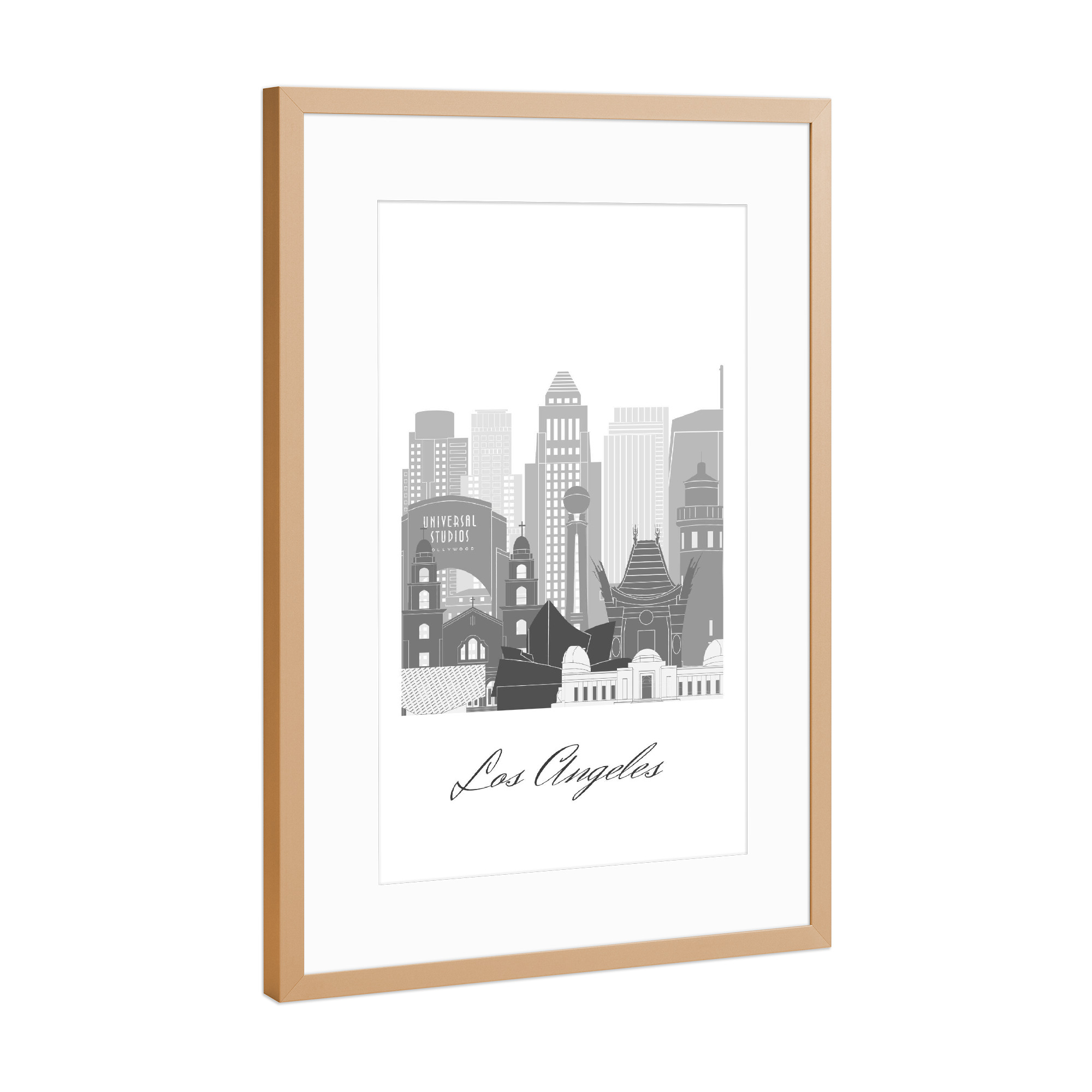 Poster mit Rahmen Kupfer "Skyline - Los Angeles sw" artboxONE - Städte,Reise,Architektur,Städte / Los Angeles,Kartografie