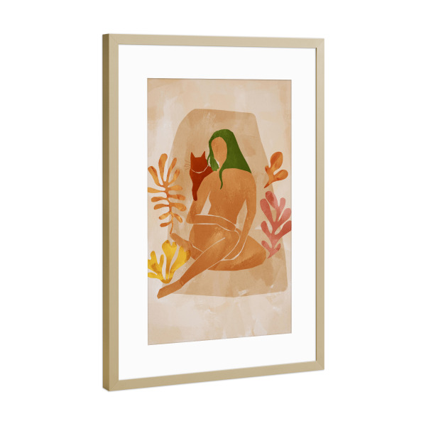 Poster mit Rahmen Gold "Katze und Frau" artboxONE - Natur,Tiere,Abstrakt