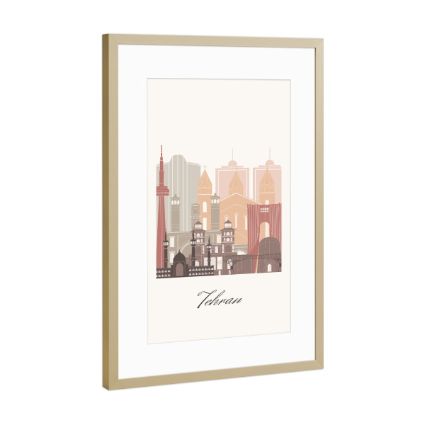 Poster mit Rahmen Gold "Teheran Skyline Terrakotta-Stil" artboxONE - Städte,Reise,Architektur,Kartografie