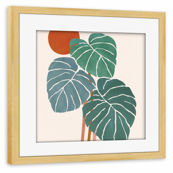 Poster mit Rahmen kiefer "Monstera und Sonnenschein" artboxONE - Natur,Floral - Tropisch,Pflanze,Monstera,Blatt,Baum,Sonnenuntergang