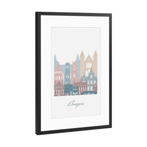 Poster mit Rahmen Schwarz (Metallic) "Bruges skyline earth tones style" artboxONE - Städte,Reise,Architektur,Kartografie